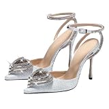 EQAUDES Stilleto Heels Rhinestone Ankle Strap Pointy Toe Wedding Sparkly Crystal Hearts Party Silver Glitter High Heels Size 7