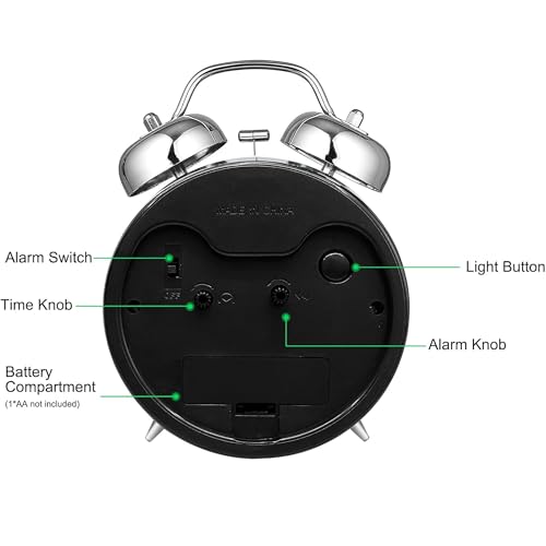 Image of AYRELY Super Loud Alarm Clock for Heavy Sleepers Adults,Twin Bell Retro 4 Inch Silent Non-Ticking Quartz with Backlight, Metal dial, Alarm Clocks for Bedrooms Bedside (Black)