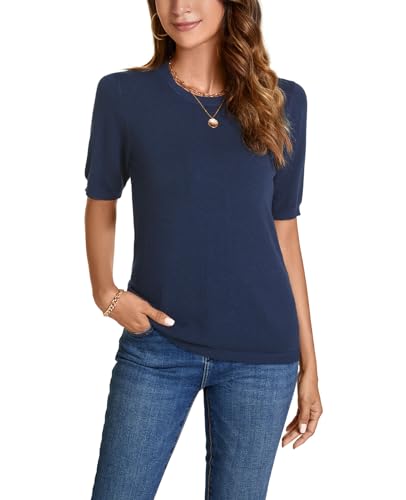 Image of Womens Short Sleeve Sweaters Tops Crew Neck Pullover Shirt Lightweight Knit Sweater Blouse
