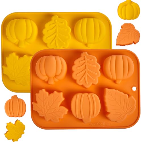 Image of Pumpkin Silicone Molds, 2 Pack Fall Autumn Maple Leaf Pumpkin Chocolate Candy Molds, Fall Ice Cube Trays for Autumn, Halloween, Thanksgiving Plaster Making