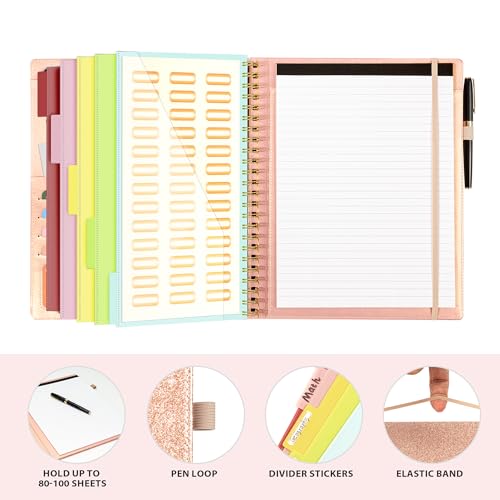 clipboard with storage for men women leather padfolio portfolio organizer 5 folders with 10 pockets spiral clipboard folio with notepad for letter size elastic closure and pen loop rose gold