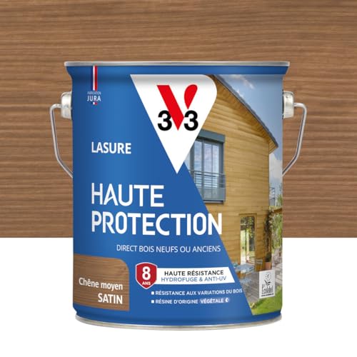 V33 Lasure Bois extérieur Chêne moyen satin - Haute Protection 8 ans - Haute résistance hydrofuge et anti-UV - Résiste aux variations du bois - Ecolabel,...