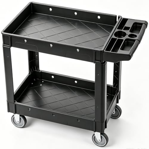 Image of VEVOR Utility Service Cart, 2 Shelf 550LBS Heavy Duty Plastic Rolling Utility Cart, Medium Lipped Shelf, 360 Swivel Wheels, Ergonomic Storage Handle for Warehouse Garage, Black
