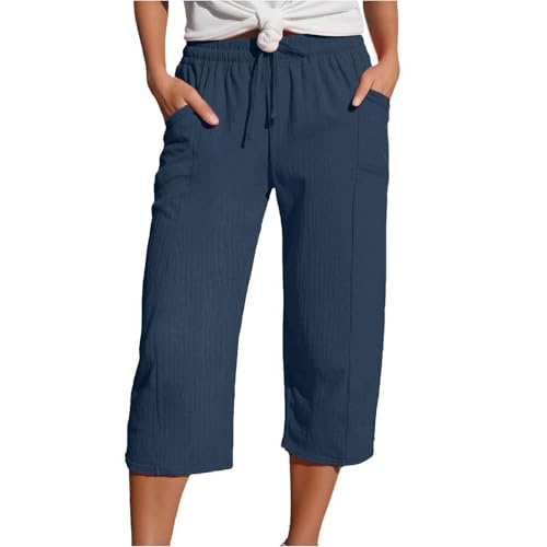 Capris Pants for Women Cotton Linen Casual Summer 2025 Wide Leg Loose Comfy Drawstring Elastic Waist Cropped Trousers A05-Dark Blue XL