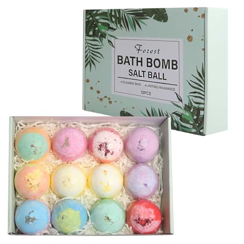 12x60g Bombas de Baño set de Regalo para mujeres, Naturales y Orgánicas Bomba sal de baño para niños, Bolas de baño de burbujas spa hecho a mano, con 12 aceites esenciales, relaja e hidrata la piel