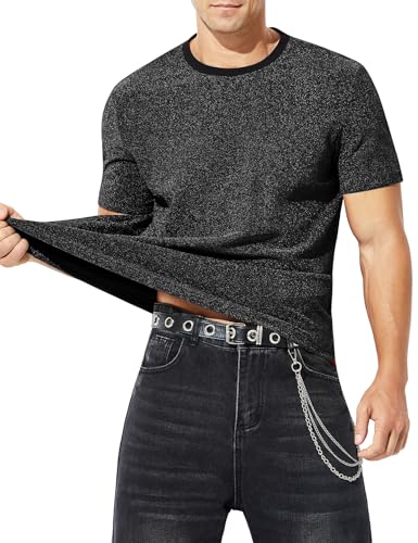 Mauro Kane T Shirt Paillette Homme Sequin Disco Tee Shirt Paillettes Sexy Haut Scintillant pour Danse Clubwear Festival Noir XXL