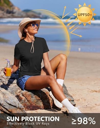 PINSPARK Workout Tops for Women Soft Shorts Sleeve Sun Protection Gym Plain Shirts Soft Breathable Crewneck Athletic Summer Top,Black Medium - 3