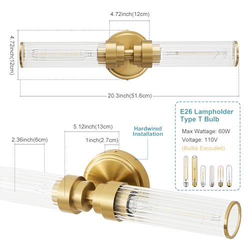 Image of Bathroom Light Fixtures, Gold Wall Sconce in Threaded Glass Vanity Lights 2 Pack, Modern Bathroom Vanity Light Up and Down Sconces Wall Lighting for Bathroom, Living Room - Bulb Not Included