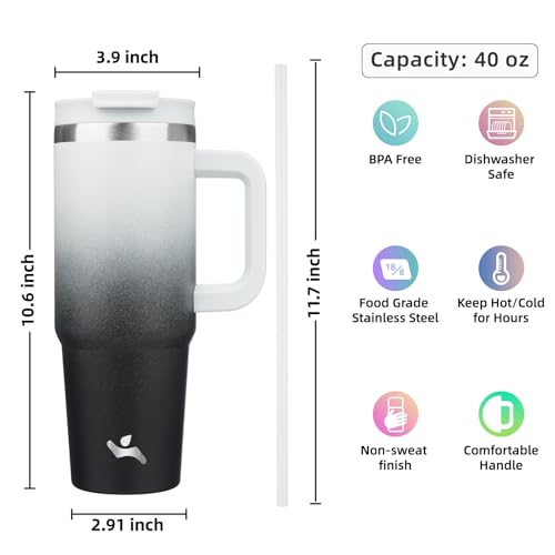 Image of Konokyo 40 oz Insulated Tumbler Water Bottle with Handle, Straw Lid | BPA-free and dishwasher safe; made for gym, travel, coffee and gifting, 2 straws, cup holder friendly,Day Night
