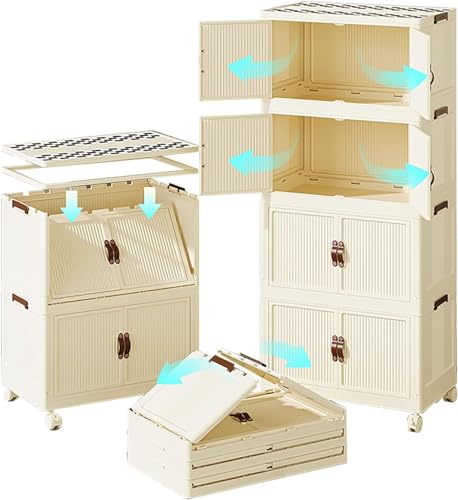 Abschließbare Aufbewahrungsbox aus Kunststoff mit Deckel und magnetischen Türen, 3 Etagen, Rolleimer mit abschließbaren Rollen, ideal für Schlafzimmer, Wohnzimmer, Flur und Büro (49 cm)