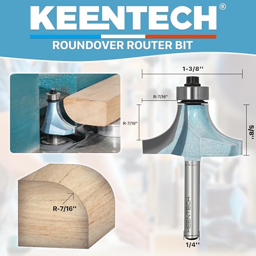 Image of KEENTECH Round Over Router Bit, 1 /4 inch Shank x 1-3 /8 inch Dia x 7 /16 inch Radius | Industrial Grade, Tungsten Carbide Tipped, 10X Lifespan, Woodworking