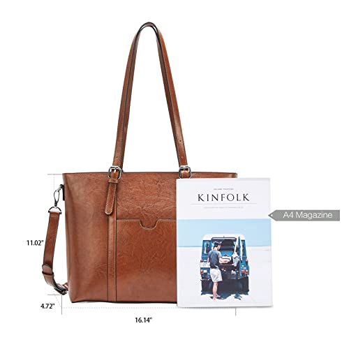 Bromen Women Briefcase 15.6 Inch Laptop Tote Bag Vintage Leather Handbags Shoulder Work Purses Oil Wax Brown #TOP3