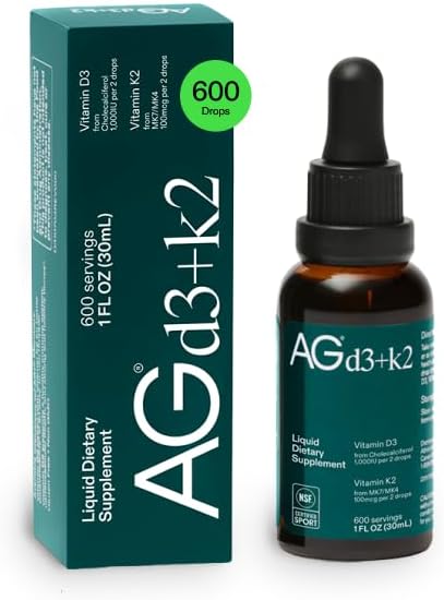 - AG1 Vitamin D3 K2 Drops, 1000IU of Vitamin D3 and 100mcg of K2 per Serving, Supports Bone Density and Calcium Absorption (Athletic Greens)