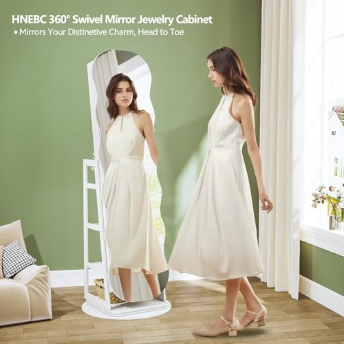 Image of HNEBC 360 Swivel Jewelry Cabinet with Lights, LED Jewelry Armoire with Mirror, Wavy Wide Full-Length Mirror with Storage, Lockable Mirror Jewelry Cabinet Standing (White)