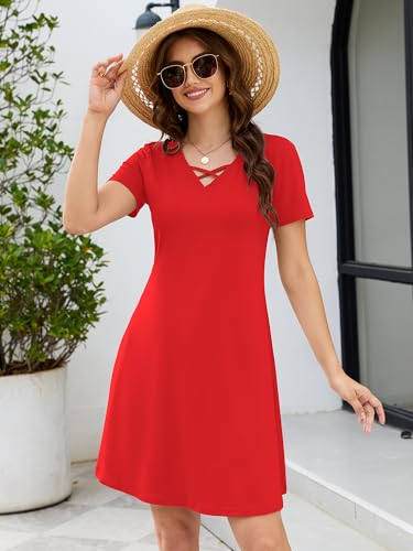 Image of KORSIS Women's Dresses Summer Casual T-Shirt Short Sleeve Criss Cross V Neck Swing Beach Vacation Sundress Dress with Pockets