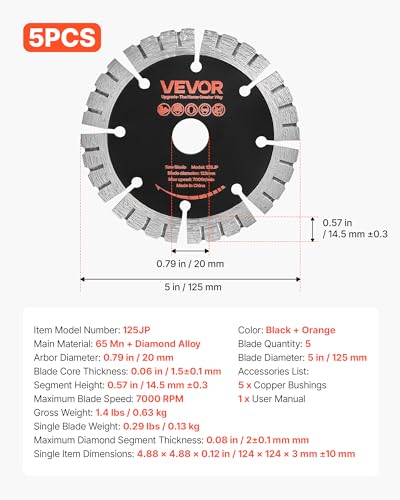 Image of VEVOR Diamond Blades 5 inch, 5-Pack Wall Chaser Saw Blade Cutting Blade, 0.79 in Arbor, High-Hardness Diamond Segments, 65Mn Steel Core, Dry Wet Cutting, Clean Edges for Concrete Brick Stone Cement