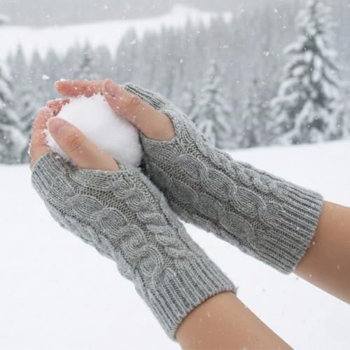 Image of Kraptick Women's Cable Knit Fingerless Gloves - Winter Soft Woolen Arm Warmers with Thumb Hole - Thermal Half Finger Mittens for Typing, Driving & Texting (Free Size, Khaki)
