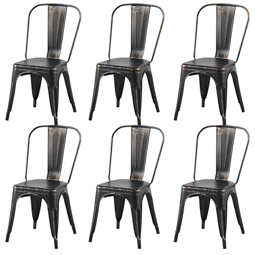 Image of Metal Dining Chairs with Back, Stackable, Distressed Black, 6 Pack | Easy Assembly, Non-Slip Feet, 330 lb Capacity, Kitchen, Restaurant, Cafe, Pub, Covered Patio