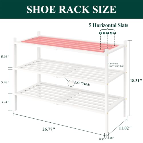 Image of Smiry Bamboo Shoe Rack, 5 Horizontal Slats, 3 Tier - 26.8 inch Wide, White
