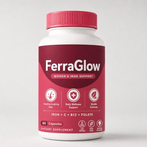 FerraGlow Iron Support Capsules with Iron Bisglycinate Lactoferrin Vitamin C B12 and Gentle Absorption Formula for Women Daily Wellness Hair Energy Support 60 Count (1)
