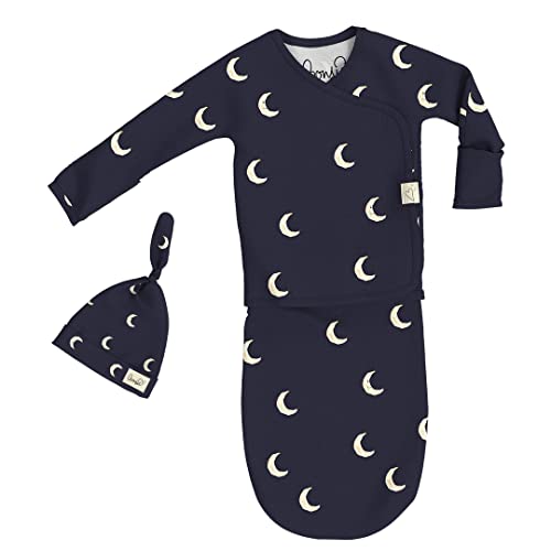 Image of Bonsie Skin to Skin Babywear Baby Bag Set - Dark Blue Moon Pattern Baby Gown with Hat - G'night Moon (0-3 Months)