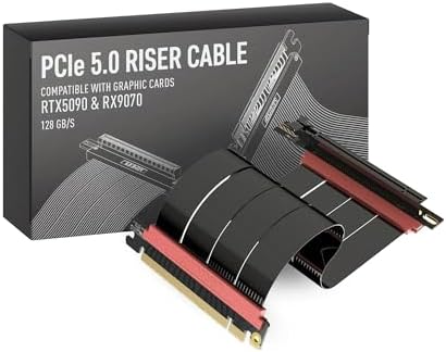 LINKUP - AVA5 PCIE 5.0 Riser Cable | RTX5090 RX9070 GPU Ready | x16 128GB/s Speed | Compatible with PCIe 4.0 & WRX80/WRX90E | Right Angle, Black 20cm (Total Length 24cm)