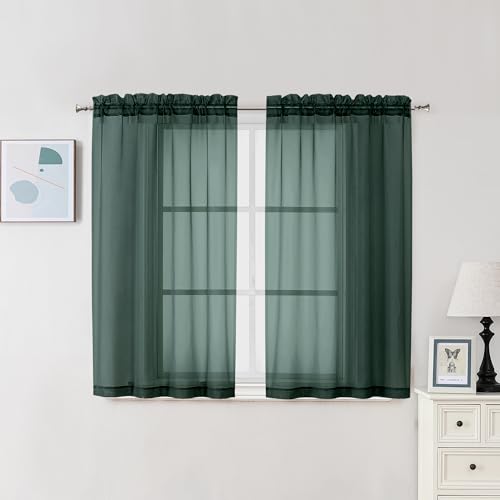 Image of Chyhomenyc Hunter Green Sheer Curtains 45 Inch Long 2 Panels, Short Voile Drapes for Dinning Small Windows Bathroom Living Room Bedroom, Rod Pocket, 42Wx45L Inches