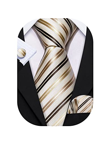 Image of Barry.Wang Tie Sets for Men Silk Stripe Necktie Woven Checkered Handkerchief Cufflinks Formal Business Wedding