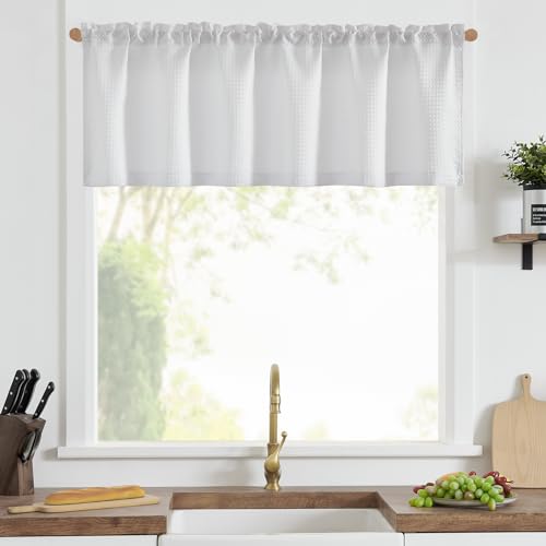 Jinchan WFERPC-6018P1C04N White Valance Curtain For Kitchen Waffle Weave Valance For Living Room Bathroom Farmhouse Country Valance Light Filtering Window Curtain Rod Pocket One Panel 18 Inch Length thumb #1