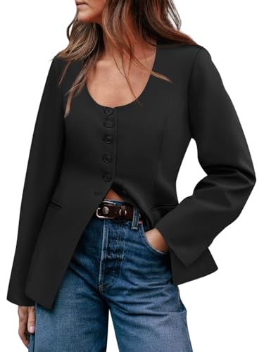 Cicy Bell Womens Business Work Casual Blazers Button Down Scoop Neck Split Hem Fitted Suit Jackets