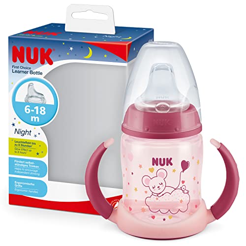 NUK First Choice+ Trinklernflasche Learner Cup Night | 6–18 Monate | 150 ml | Anti-Colic-Ventil | auslaufsichere Trinkschnabel | mit Leuchteffekt | Ergonomische Griffe | BPA-frei | Rosa