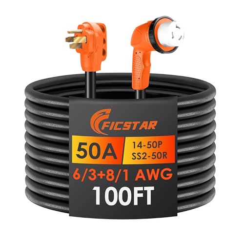 50 Amp RV Extension Cord 100 ft, Heavy Duty 6/3+8/1 SJTW AWG RV Power Cord with Grip Handle Twist Lock, NEMA 14-50P to SS2-50R with LED Indicator