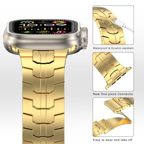 Image of MioHHR Stainless Steel Bands for Apple Watch 49 /46 /45 /44 /42mm(Series 3 /2 /1) | Adjustable Metal Strap Band for Men, fits iWatch Series 11 10 9 8 7 6 5 4 3 2 1, SE3, SE2, SE, Ultra 3 /2 /1, Gold