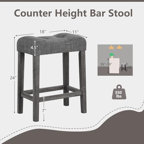 Image of Giantex 24 inch Bar Stools Set of 2, Backless Counter Height Saddle Bar Stools w /Padded Seat, Solid Rubber Wood Legs, Farmhouse Linen Fabric Upholstered Barstools for Kitchen Counter Island, Cafe, Grey