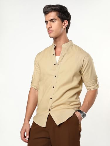 Image of Urbano Fashion Men's Linen Blend Full Sleeve Relaxed Fit Mandarin Collar Casual Solid Shirt