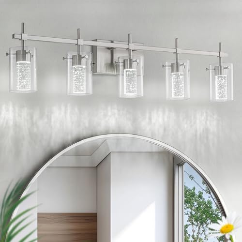Image of 5-Light Brushed Nickel Vanity Light with 3 Color Modes(3000K /4000K /6000K, Dimmable), Eye Protection LED Bathroom Light Fixture, Modern Wall Light Over Mirror with Clear Glass Shade