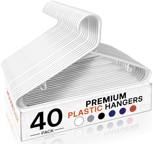 HOUSE DAY White Plastic Hangers 40 Pack, Slim Space-Saving Clothes Hangers | Durable Hangers Hold Up to 7 lb with Built-In Strap Hooks and Smooth Edges, Great for Closet Refreshes and Seasonal Clothing