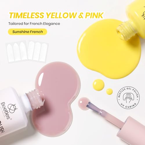Image of Beetles French Gel Nail Polish Set, French Manicure Kit with Nude Yellow Gel Polish & 4 French Tip Nail Guide Stickers, Soak Off UV LED Gel Polish for DIY Sunshine French Nail Art