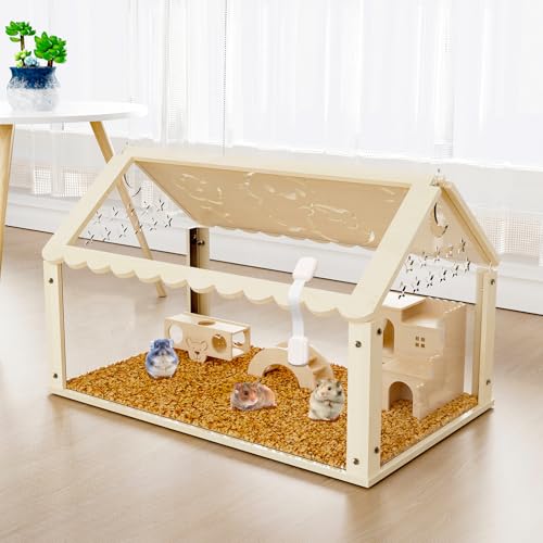 Wooden Hamster Cage, Syrian Hamster Cage with Acrylic Window and Openable Top, 60 x 30 x 37 cm Hamsters Cages for Syrians Hamster, Dwarf Hamster, Guinea Pig and Chinchilla