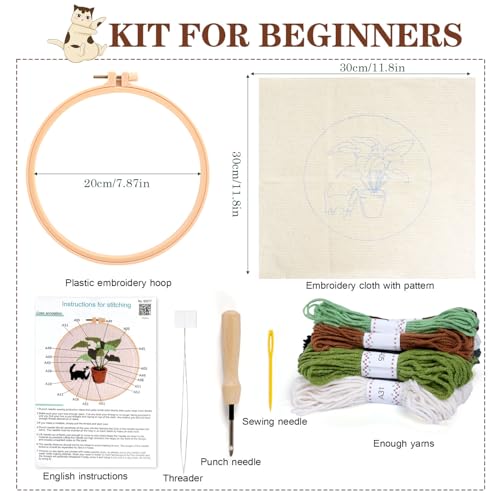Image of KESTAR Punch Needle Embroidery Starter Kits, Black and White Cat Plant Punch Needle Kits for Adults Beginner, Needle Punch Kit Tool with Instruction Threader Fabric Yarns and Hoop