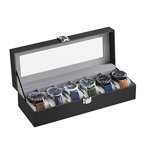 SONGMICS Caja de Relojes con 6 Compartimentos, Navidad, Estuche de Relojes con Tapa de Cristal, Cojín Extraíble, Cierre Metálico, Regalo, Cuero Sintético Negro y Forro Gris Verdoso JWB06BK