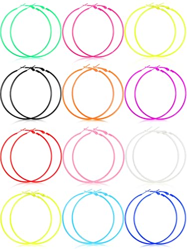 12 Pairs 80s Neon Earrings for Women Retro Colorful Hoop Earrings Pendant for 80's Outfit Glow Party Accessories