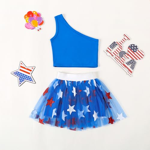 Image of Kayotuas Toddler Baby Girl 4th of July Outfit American Flag Shirt Red Blue Stars Tulle Tutu Skirts Kids Fourth of July Dress