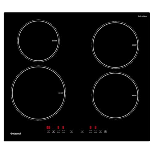 Gudsunal Placa de inducción, 4 zonas de cocción, 60 cm, 7200 W, calefacción continua de baja potencia, potenciador, 9 niveles de calor, temporizador, apagado automático, bloqueo de seguridad infantil