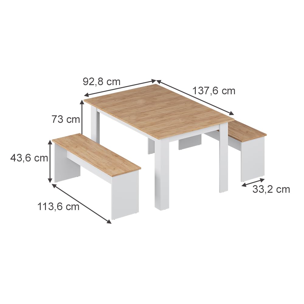 Vicco Set di panche Sentio, Rovere bianco/dorato, 137.6 x 92.8 cm con 2 panche, per un utilizzo salvaspazio in sala da pranzo e cucina