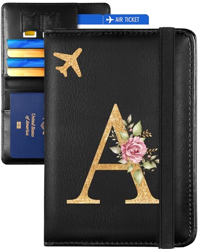 Slohif Initial Passport Holder Cover Wallet Case for Travel Women - Leather Letter Passport Book Family Multiple Personalized Organizer Card Slots Protector Sleeve Essentials Slim Carrier A Black