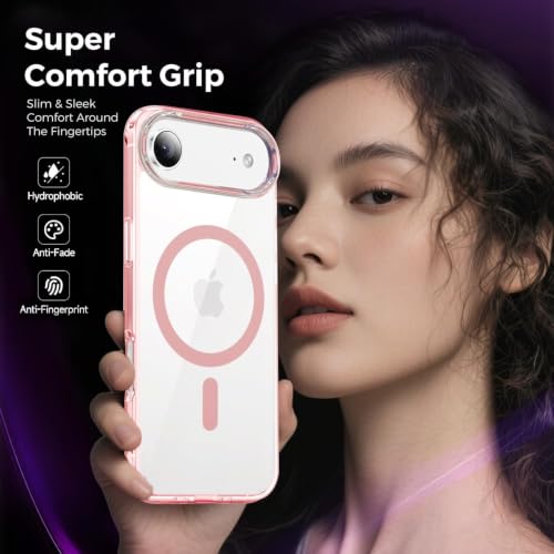 Image of Elzzi Translucent Clear Back Cover Compatible with iPhone 17 Air, PC Shockproof Scratch Resistant, Non-Yellowing, Support Mag-Safe Wireless Magnetic Charging Case - Pink