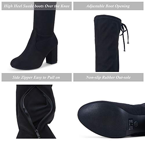 Vepose Women's Suede Boots Over The Knee High Vegan Chunky Heels Side Zipper Adjustable Opening Shoes Black Size 8.5(Cjy991 Black Suede 08.5) #TOP2