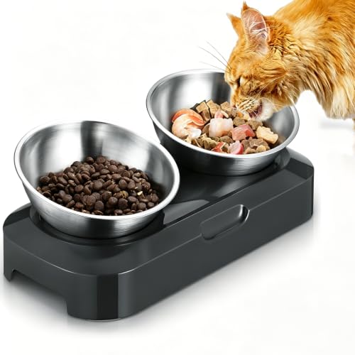PewinGo Katzennapf-15°Kipphals-Schutzschale Edelstahl Lebensmittelqualität, Maschinenwaschbar,rutschfeste Silikonbasis,für Haustiere Katzen und Welpen