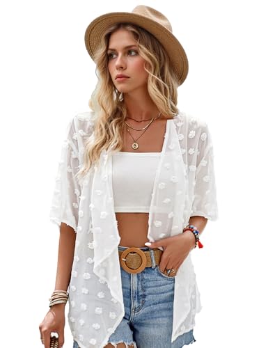 Image of Womens Summer Open Front Half Sleeve Lightweight Swiss Dots Cardigan Loose Kimono Sheer Beach Cover Up, White-S, Small
